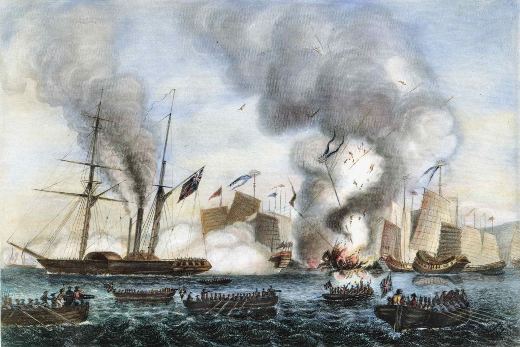 In un dipinto, la battaglia fra le navi da guerra inglesi e le giunche cinesi nel 1841 davanti a Canton, prima guerra dell’oppio (Granger Collection, New York)