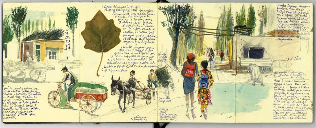 
Kashgar, Xinjiang, Cina. Questa millenaria città di confine, importante tappa sulla Via della seta, è divisa tra due etnie, cinesi han e turchi uighur. Così per ogni parola uighur ce n’è una han, in una guerra segreta tra dizionari. Per esempio i cinesi chiamano il pioppo peyang; gli uighur usano invece una parola turca, kavak. Tutto qui è doppio come il pioppo, la cui foglia è vellutata e bianca di sotto, verde e coriacea di sopra. 
Nella luce delle nove del mattino, tra i pioppi in duplice filare, i bambini uighur vanno a scuola. Lo zaino azzurro della bambina di spalle vestita di ciniglia stampata con motivi iqat reca l’immagine di Topolino. Lo zaino della ragazzina un po’ più grande, con il capo coperto dal fazzoletto, segno di raggiunta pubertà, ha invece il logo della ben nota  bevanda multinazionale. 
Tra i bassi edifici in fango e terra battuta altri bambini uighur, forse meno fortunati, si aggirano con cesti di paglia in cerca di escrementi di vacche e di asini. Anche qui, come in Tibet, lo sterco è usato come combustibile (S. Faravelli)