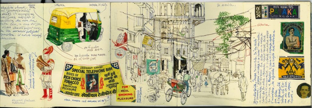 
Un angolo del tradizionale, affollatissimo mercato di Chandni Chowk nella vecchia Delhi, vicino alla stazione. 
L’insegna con il logo della nota bevanda fa capolino tra altre di gusto locale. In India sono ancora in circolazione etichette e insegne che riflettono una grafica deliziosamente datata, in certi casi addirittura riproduzioni di cromolitografie ottocentesche (come il baffuto in alto a destra). È il caso anche delle confezioni di minisigarette (bidies), come quelle incollate sulla pagina. Si noti, in basso, accanto al disegno, la scritta «For real smoking pleasure», che ignora bellamente il terrorismo dissuasivo degli avvertimenti sui pacchetti di sigarette occidentali (S. Faravelli)

