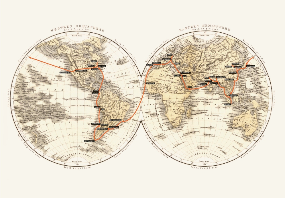 Mappa dell’itinerario del viaggio intorno al mondo (1878-1879) di Emilio Balli (Responsiva, Ticino)