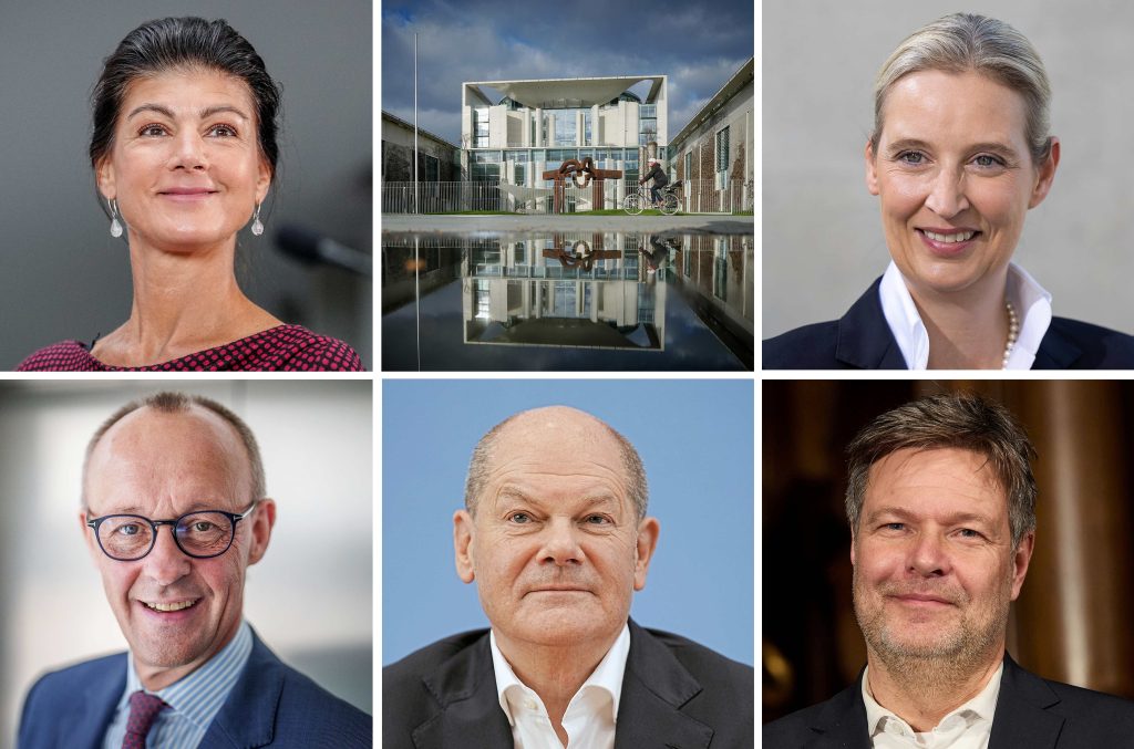 Candidati alla Cancelleria tedesca (dall’alto, a sinistra): Sahra Wagenknecht, Alice Weidel, Friedrich Merz, Olaf Scholz e Robert Habeck (Keystone)