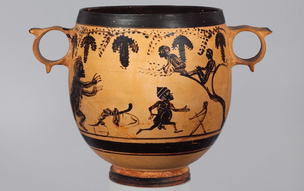 skyphos con una figura mostruosa (identificata talora con una Lamia) che insegue un malcapitato (Beozia VI sec. a.C., oggi al Met di New York)