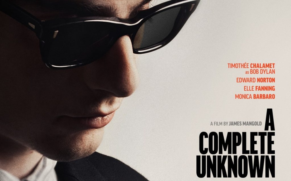 Timothée Chalamet sulla locandina del poster dedicato alla vita di Bob Dylan