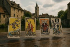 Alcune carte dei tarocchi: il Matto, il Mago, l’Imperatore, la Morte (Creazione AI)