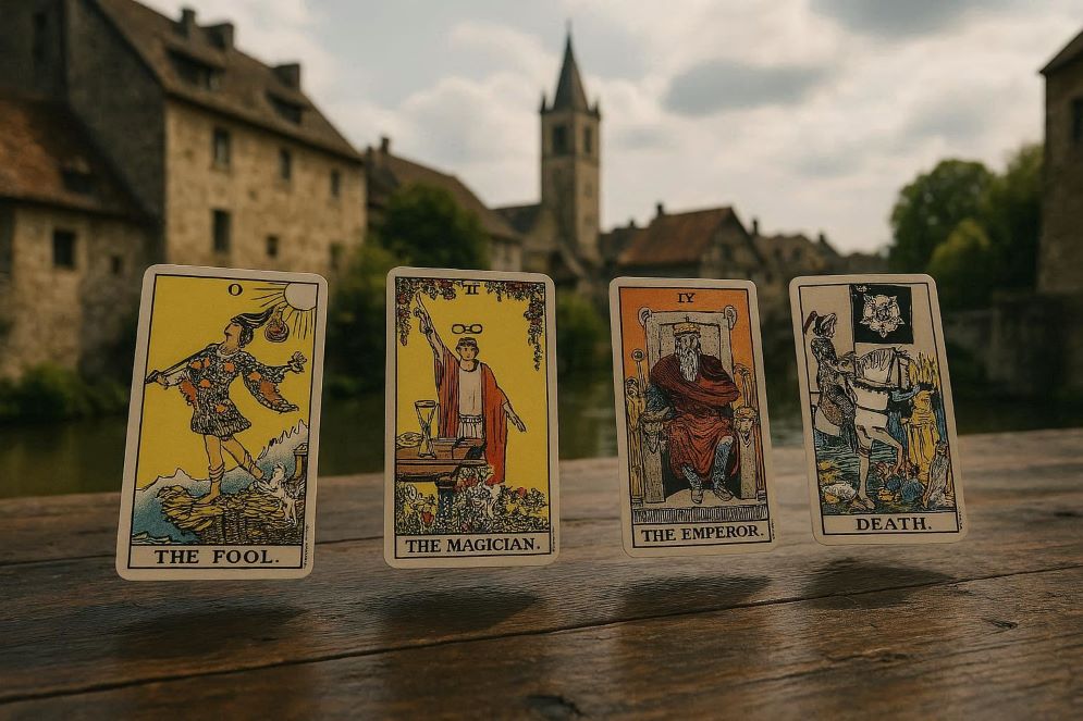 Alcune carte dei tarocchi: il Matto, il Mago, l’Imperatore, la Morte (Creazione AI)